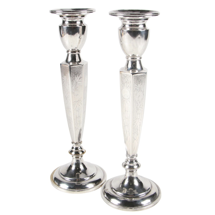 East Asian Silver Plate Candlestick Holders
