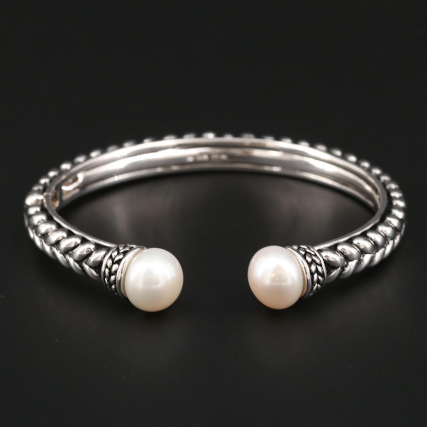 Honora Sterling Silver and Cultured Pearl Hinged Cuff Bracelet