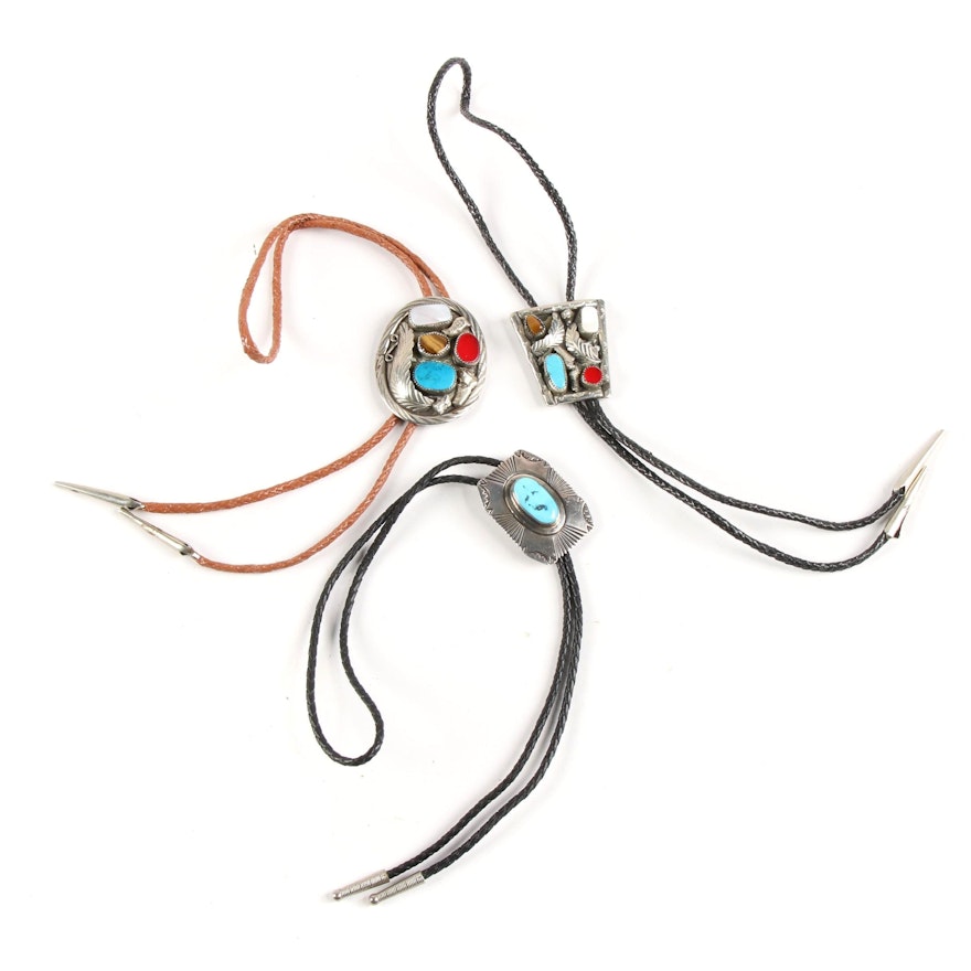 Bolo Ties with Gemstone Embellished Sterling Silver and Silver Tone Slides