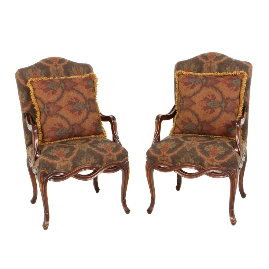 Pair of French Provincial Style Walnut Stained Open Armchairs, Late 20th Century