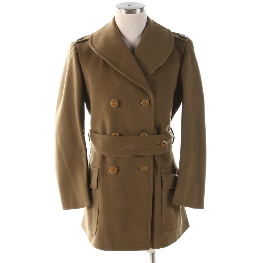 Double-Breasted Wool Military Coat with Captain Epaulet Bars, 1940s Vintage