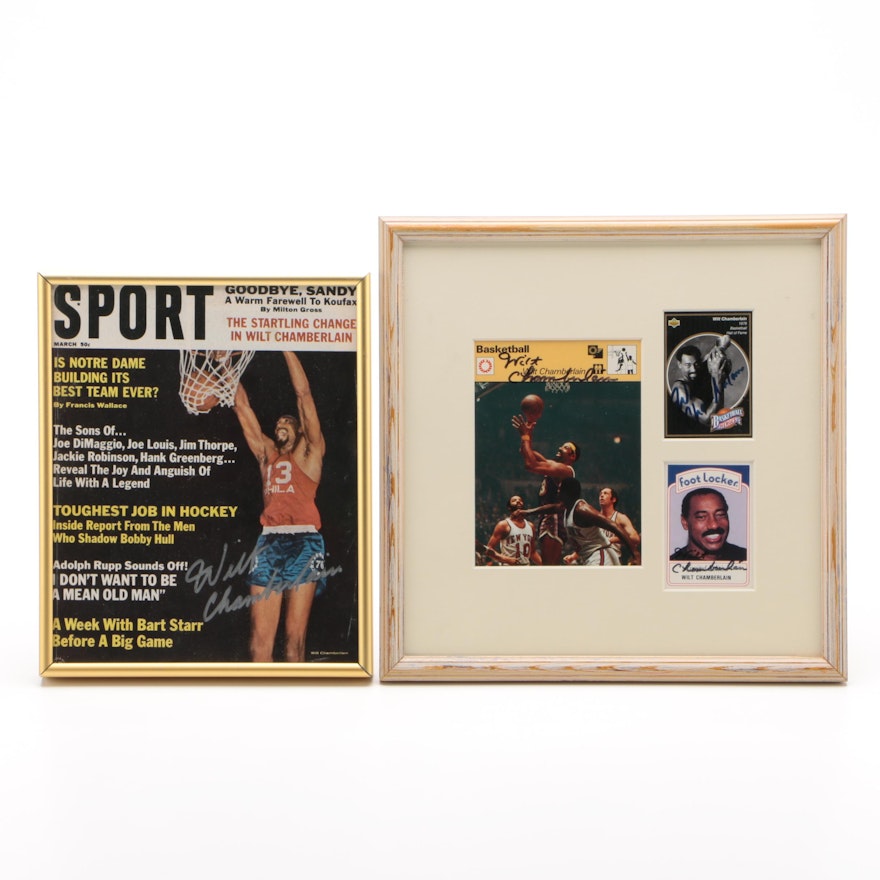 Wilt Chamberlain Signed Sport Magazine and Basketball Cards