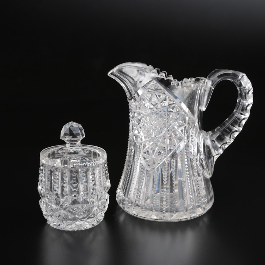 American Brilliant Cut Glass Pitcher and Honey Jar, Late 19th/Early 20th Century