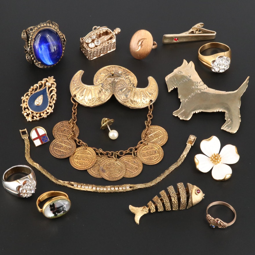 Vintage Assortment of Rings and Charms Including an Articulating Fish Brooch