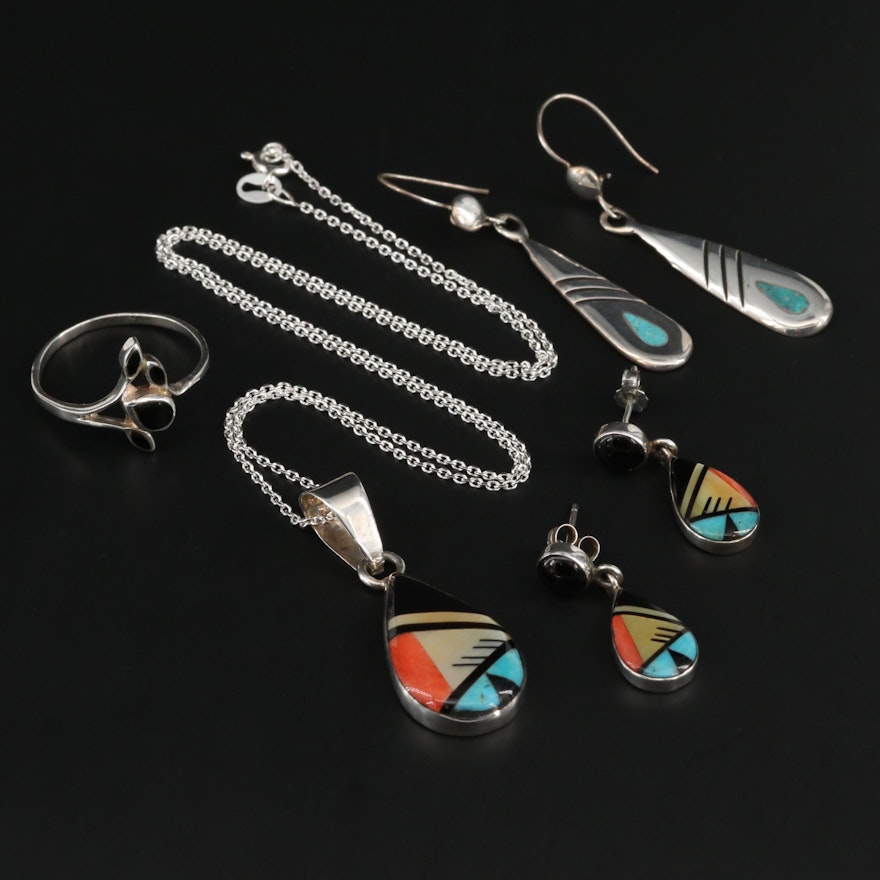 Sterling Assorted Jewelry with Mother of Pearl, Black Onyx and Turquoise