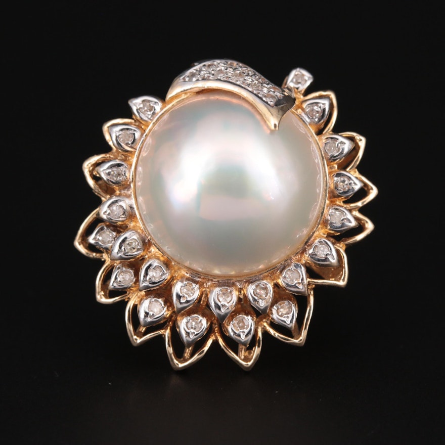 14K Yellow Gold Cultured Pearl and Diamond Ring