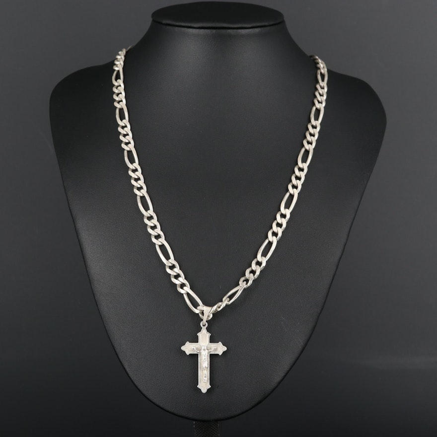 Sterling Silver Crucifix Pendant on Figaro Chain