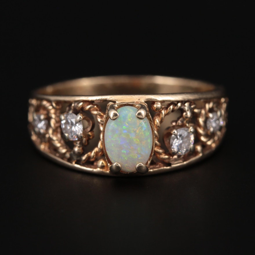 14K Yellow Gold Opal and Diamond Ring