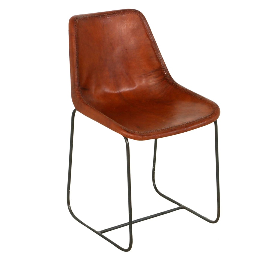 Leather Slope Side Chair with Weave Detail and Metal Base