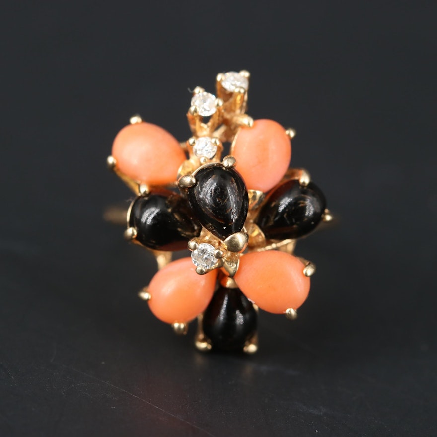 14K Yellow Gold Coral and Diamond Ring