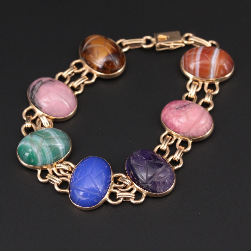 Vintage 14K Yellow Gold Multi-Color Gemstone Scarab Bracelet