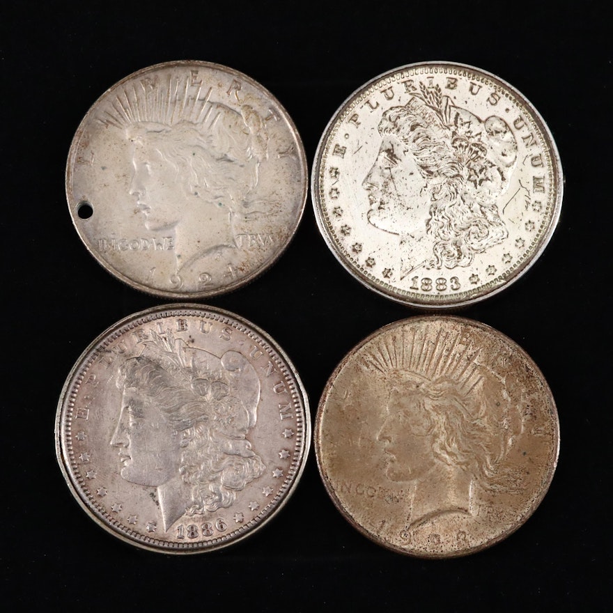 Two Silver Peace Dollars and Two Silver Morgan Dollars