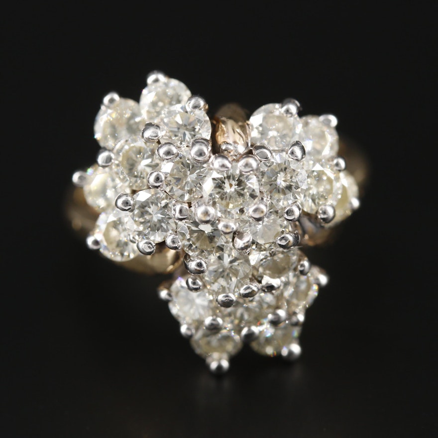 14K Yellow and White Gold 3.10 CTW Diamond Cluster Ring