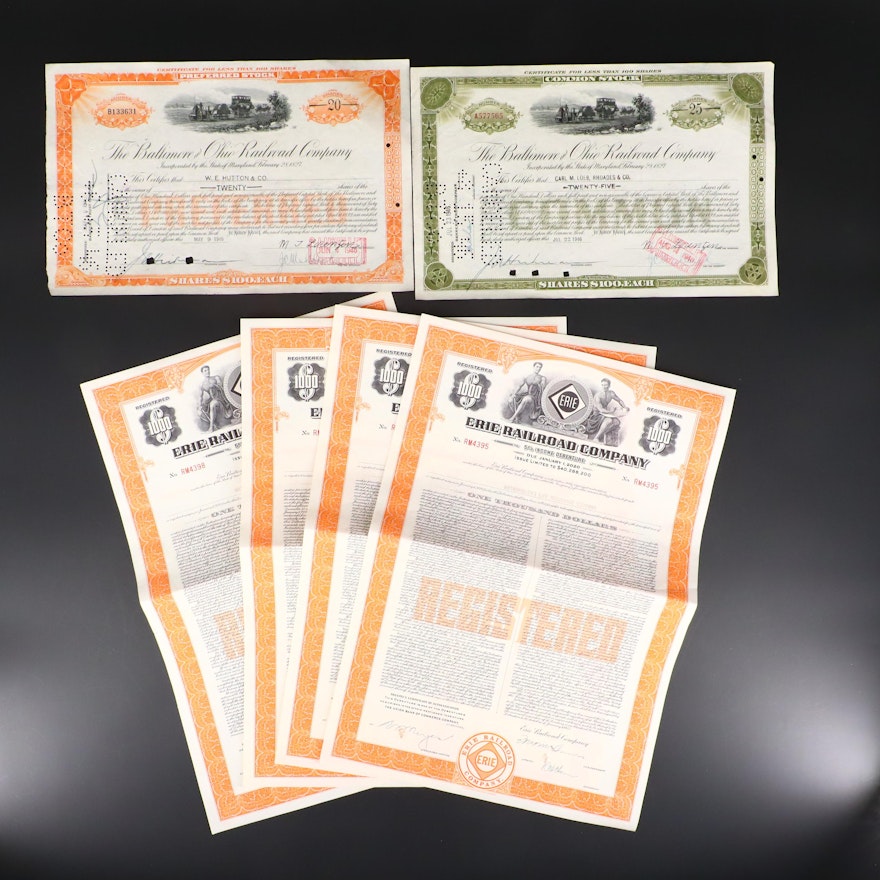 Six American Railroad Stock and Bond Certificates