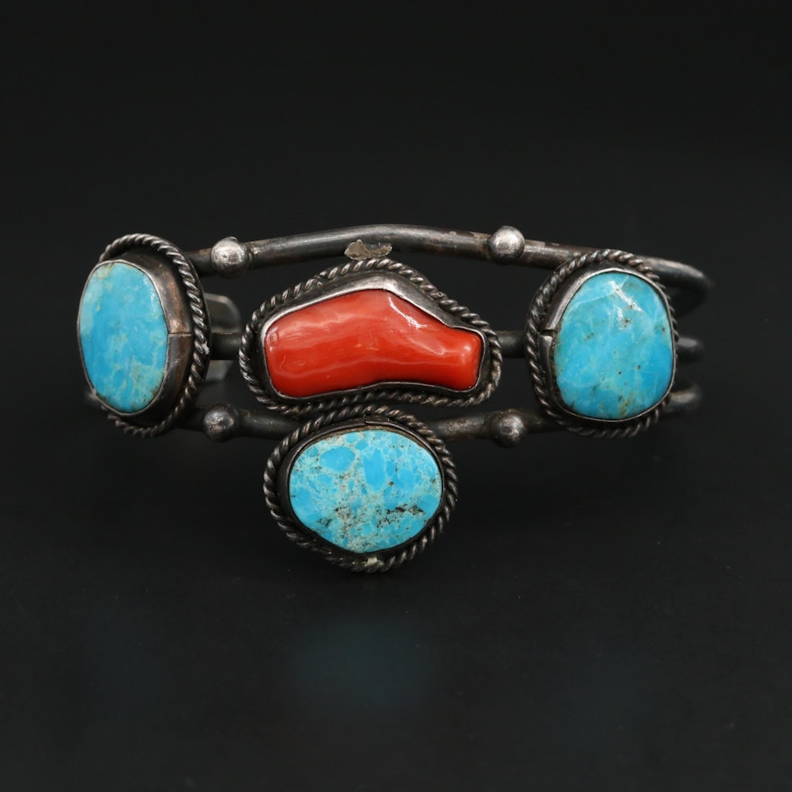 Sterling Silver Turquoise and Coral Bracelet