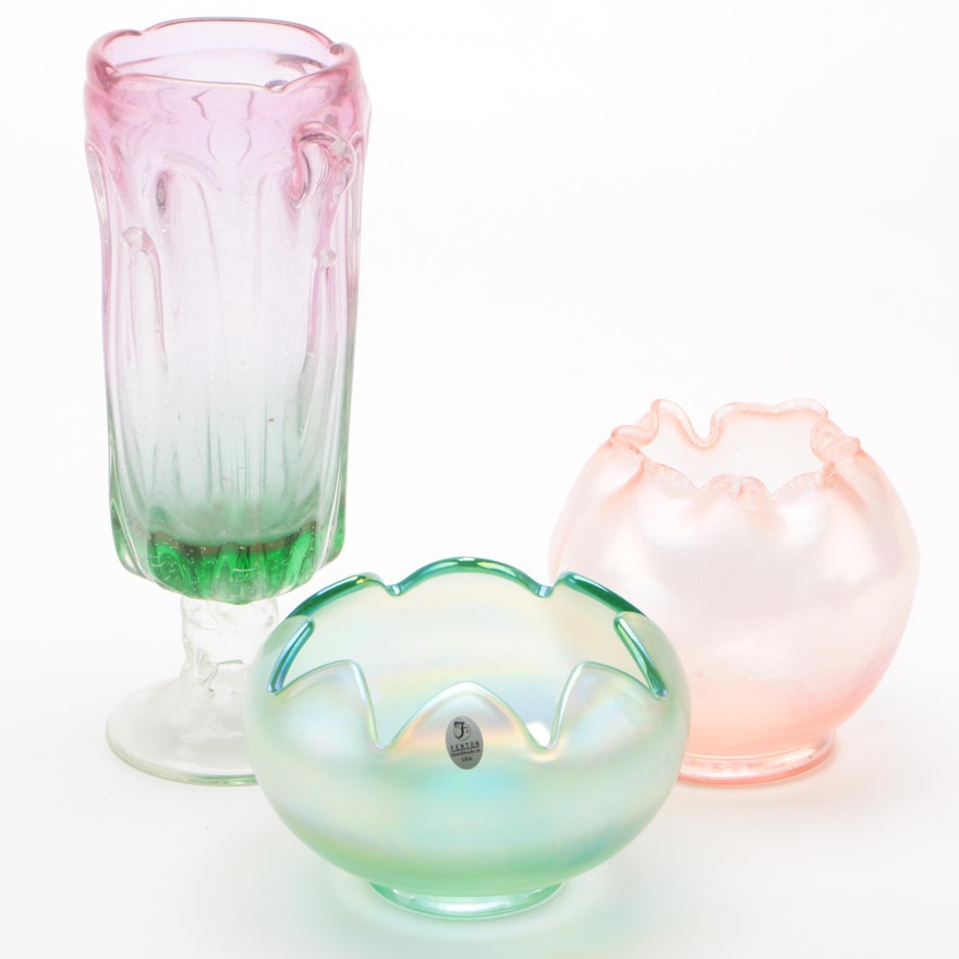 Fenton Opalescent Art Glass Bowls and a Footed Glass Vase, Contemporary