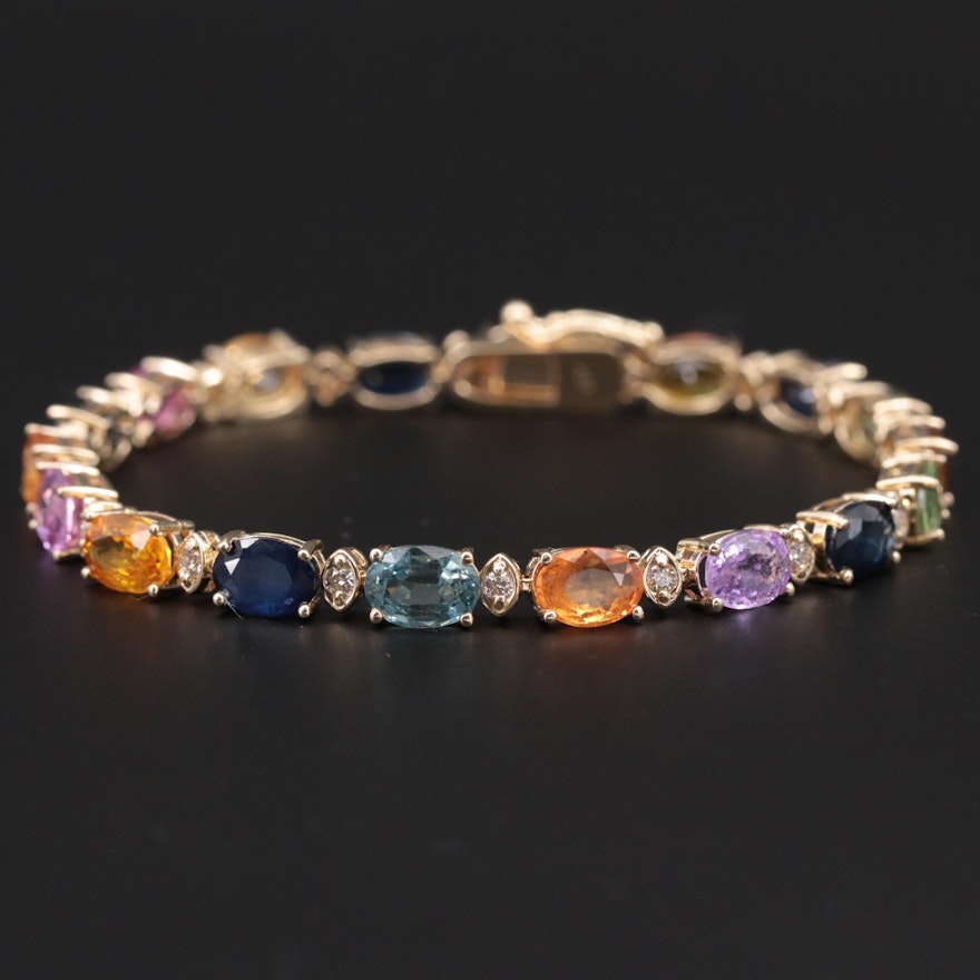 14K Yellow Gold Fancy Sapphire and Diamond Line Bracelet