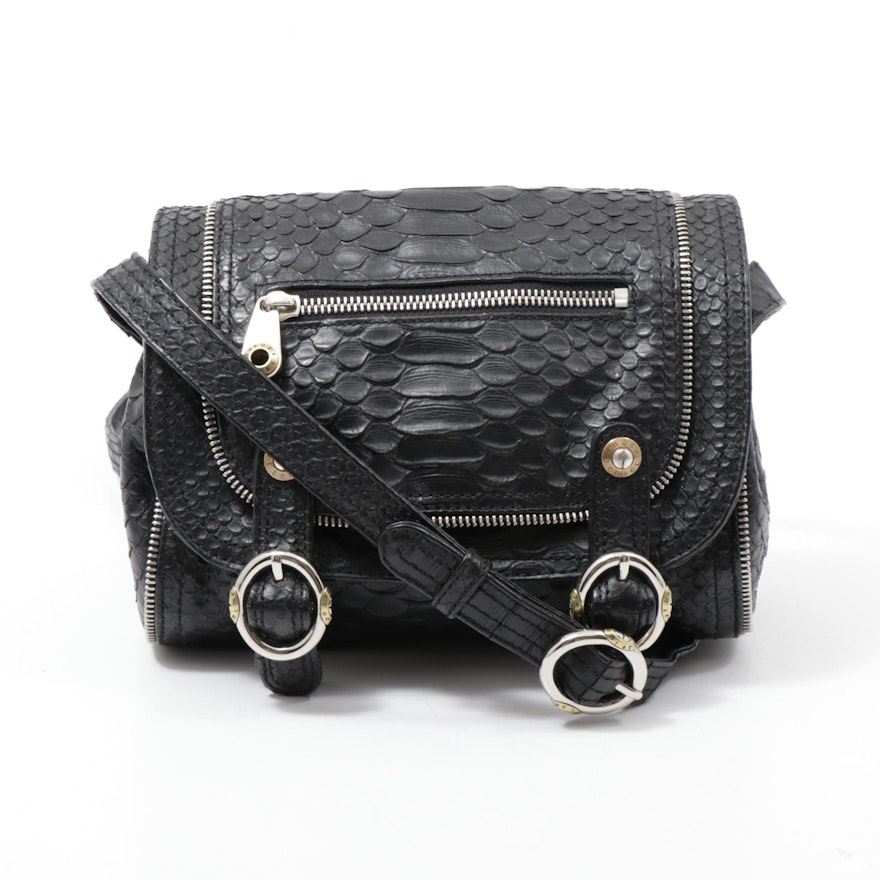 Henri Bendel Black Snake Print Embossed Leather Flap Front Crossbody Bag