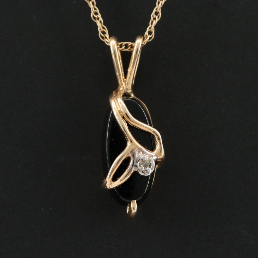 10K Yellow Gold Black Onyx and Diamond Pendant on 14K Yellow Gold Chain