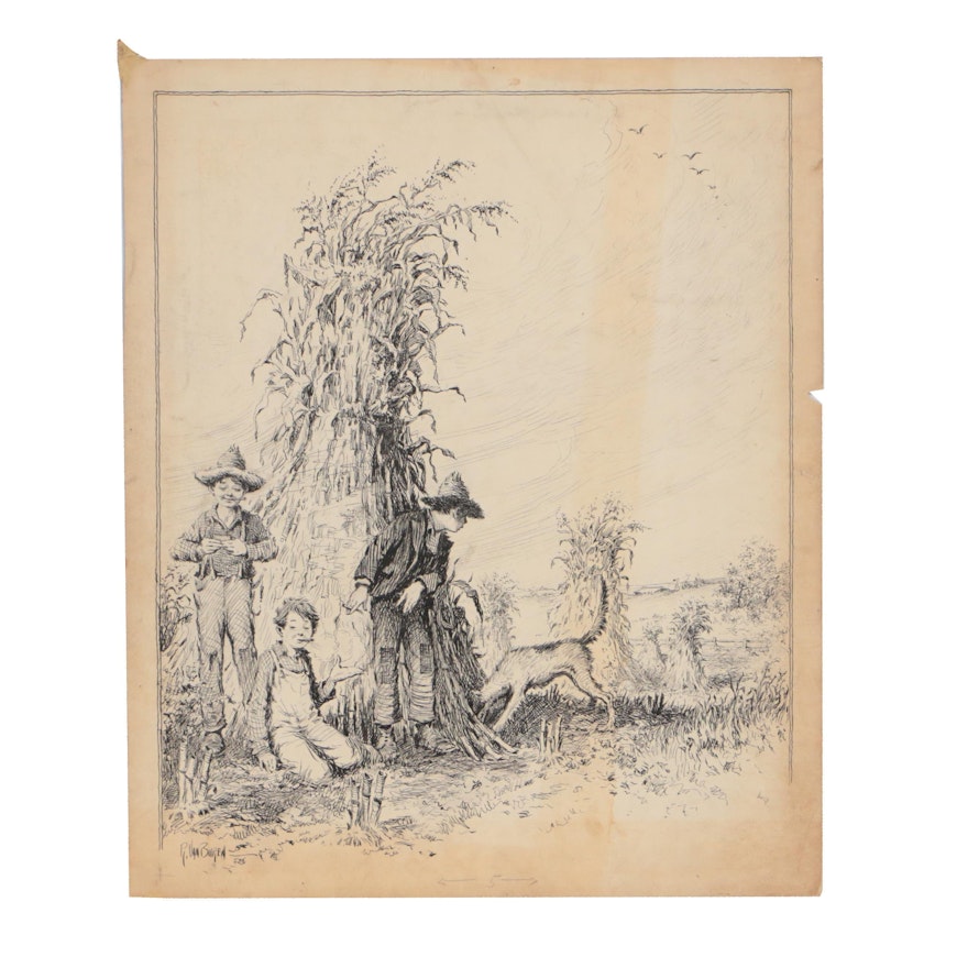 Raeburn Van Buren Ink Illustration of Children in Haystacks