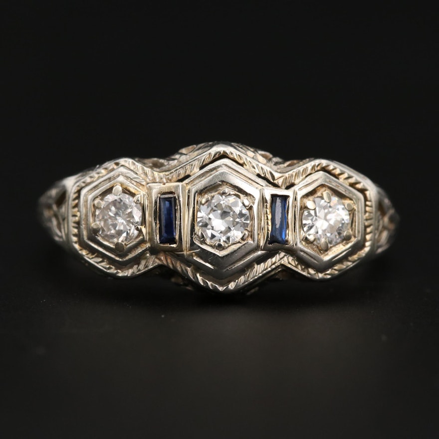 Art Deco 18K White Gold Diamond and Sapphire Ring