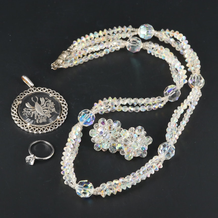Glass Crystal Jewelry Assortment Featuring Trifari Lobster Pendant