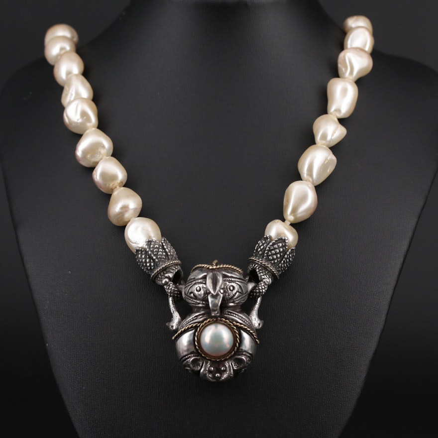Cultured Pearl Necklace with Sterling Silver and 18K Yellow Gold Accents