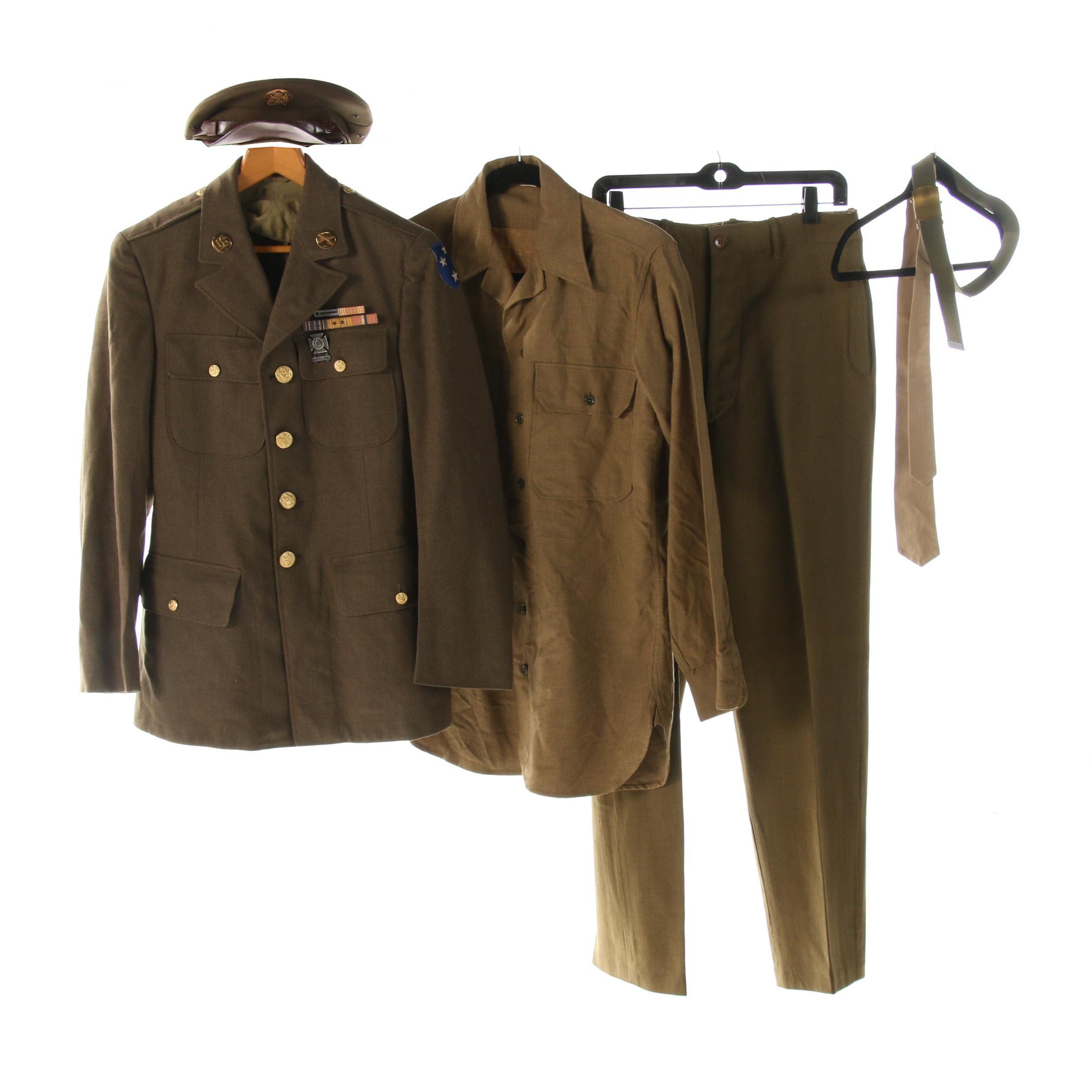 WWII Era Decorated Army Uniform Including Hat, Belt and Tie