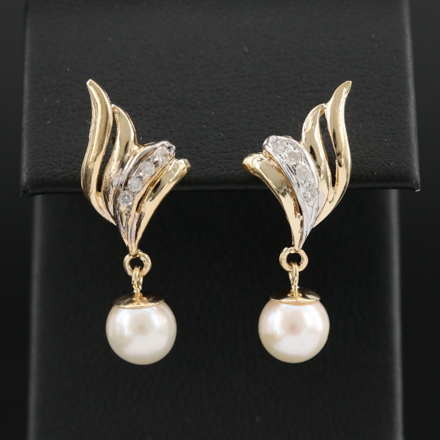 14K Yellow Gold Cultured Pearl and Diamond Dangle Earrings