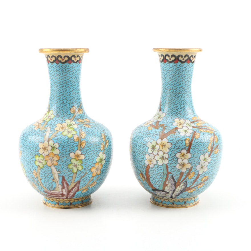 Pair of Chinese Cloisonné Vases with Dogwood Motif