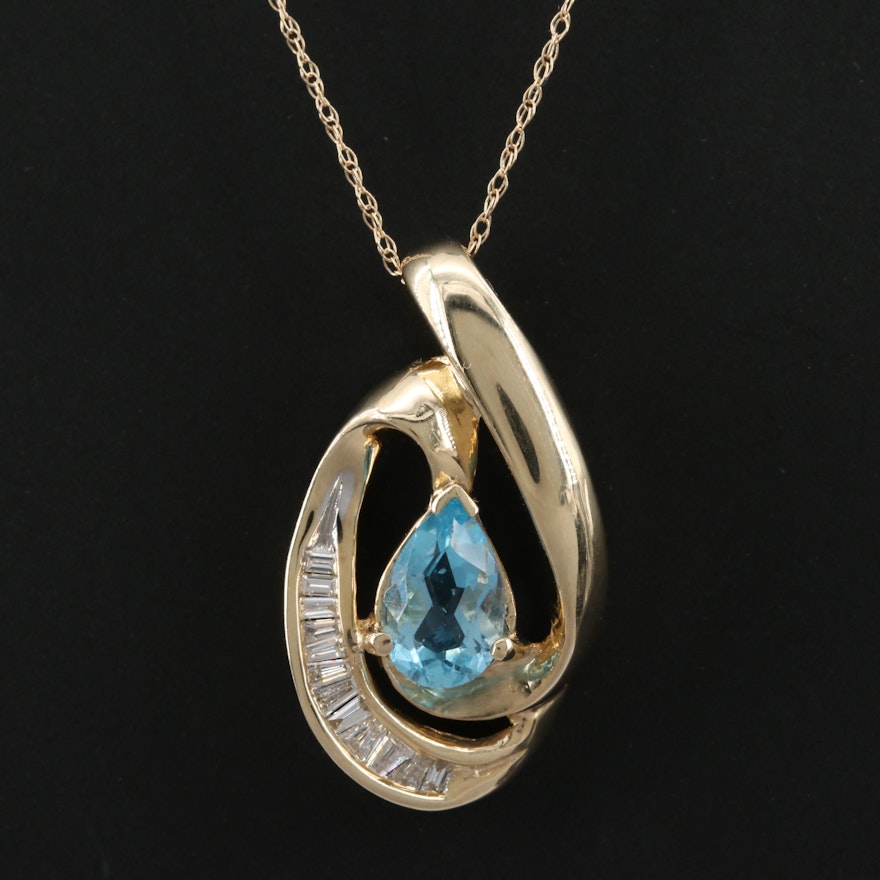 14K Yellow Gold Blue Topaz and Diamond Pendant Necklace