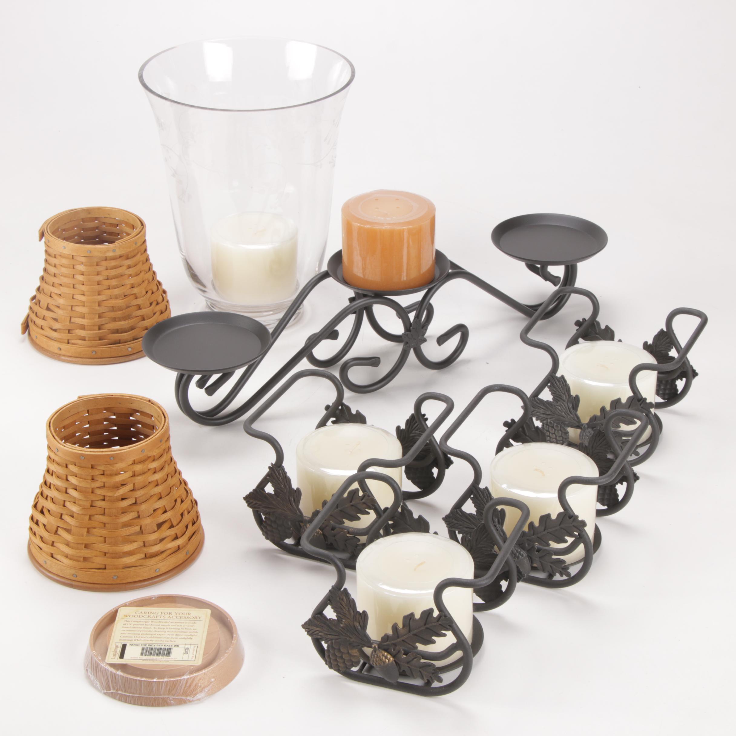 Longaberger Etched Glass Hurricane and Metal Candle Holders with