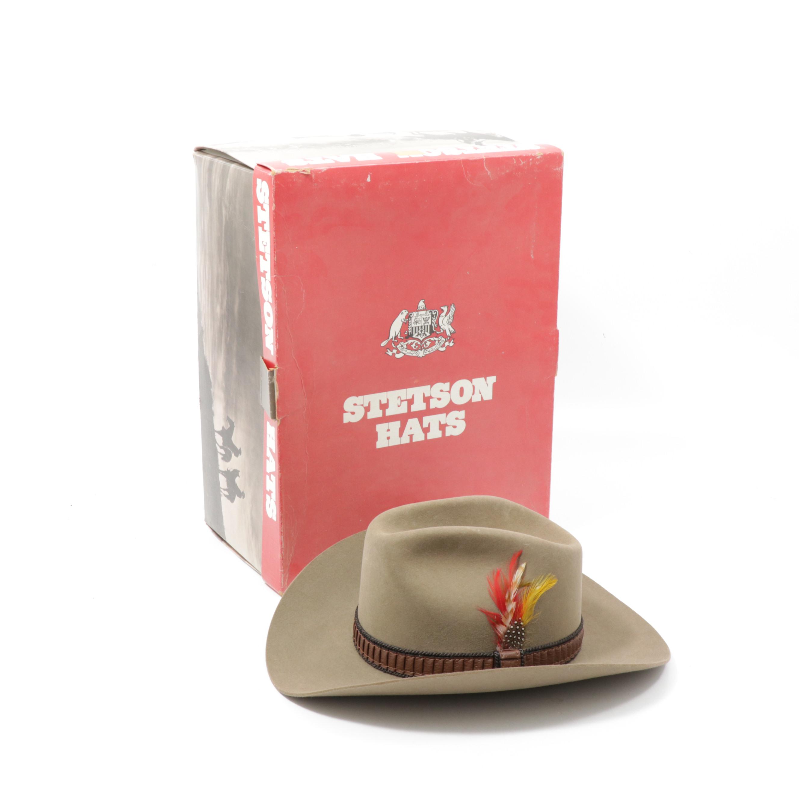 Stetson 3X Beaver Felt Cowboy Hat with Feathered Band and Original Box