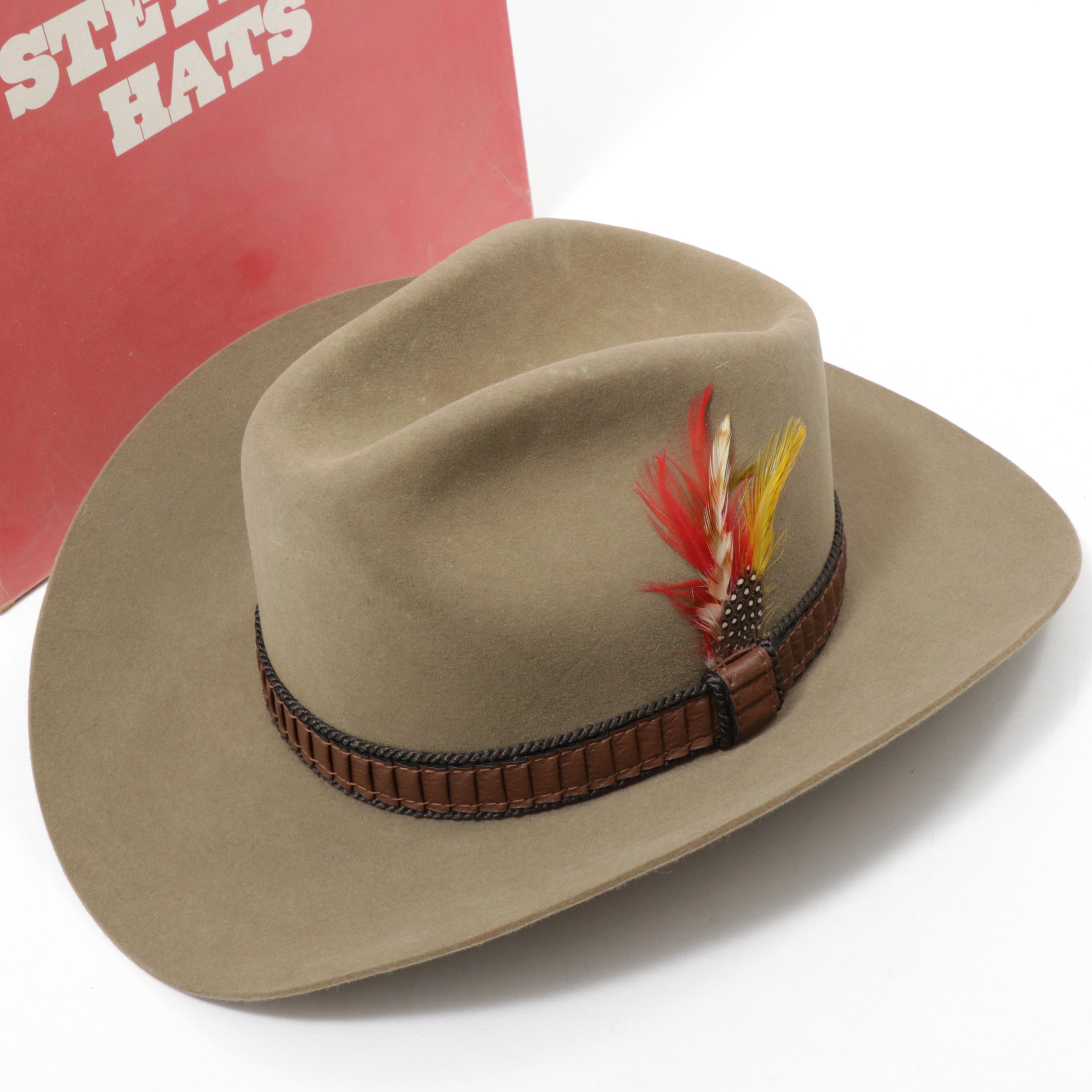 Stetson 3X Beaver Felt Cowboy Hat with Feathered Band and Original Box