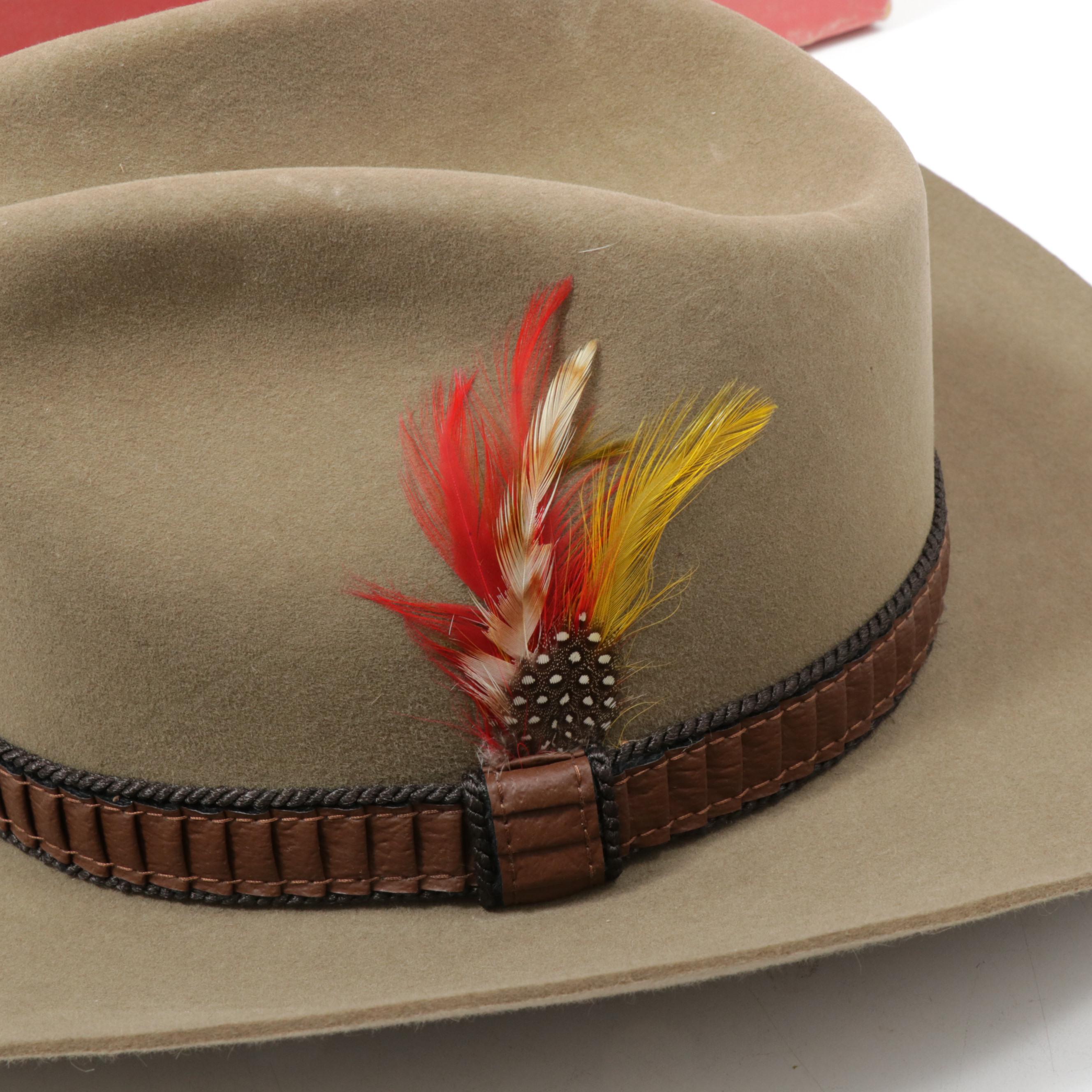 Stetson 3X Beaver Felt Cowboy Hat with Feathered Band and Original Box