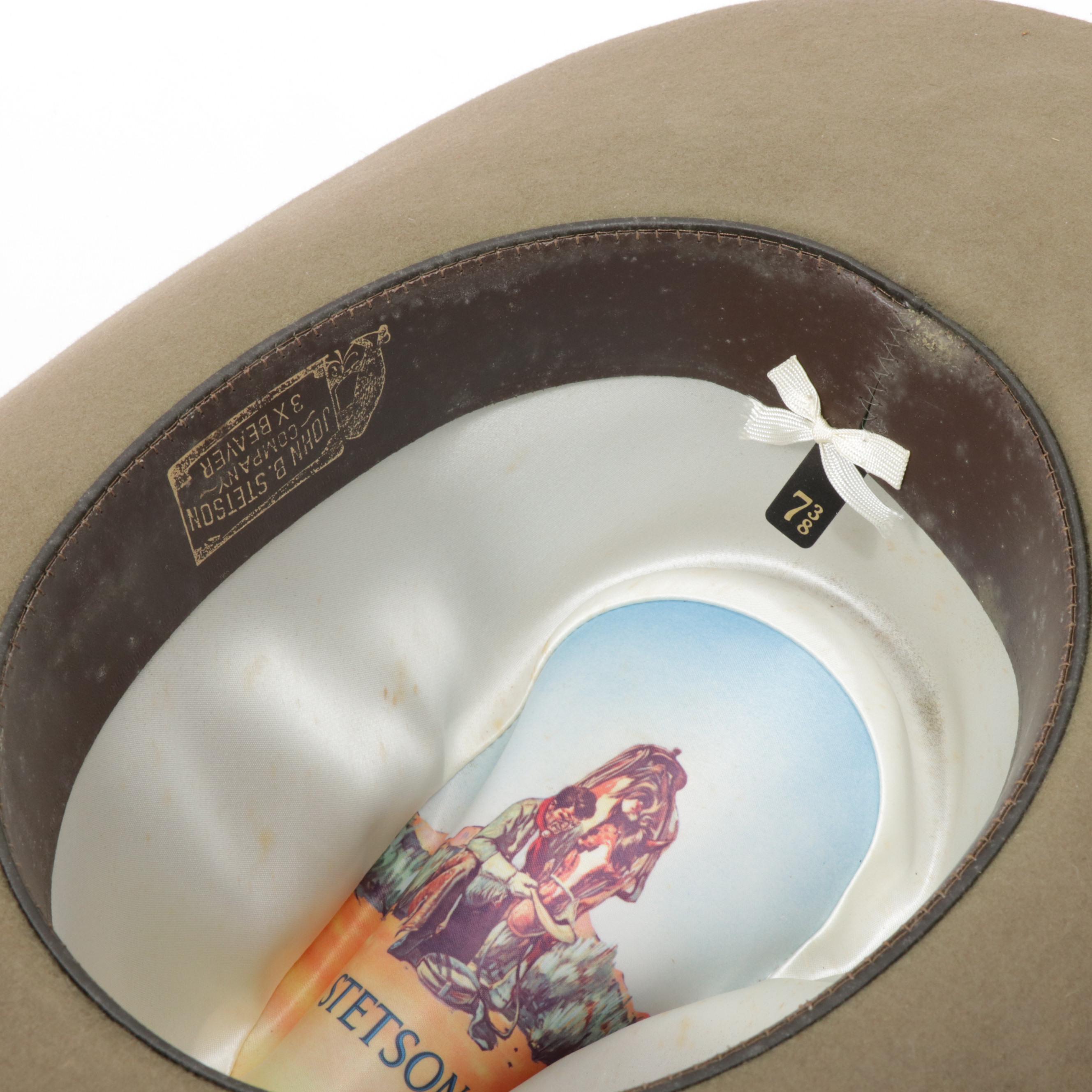 Stetson 3X Beaver Felt Cowboy Hat with Feathered Band and Original Box