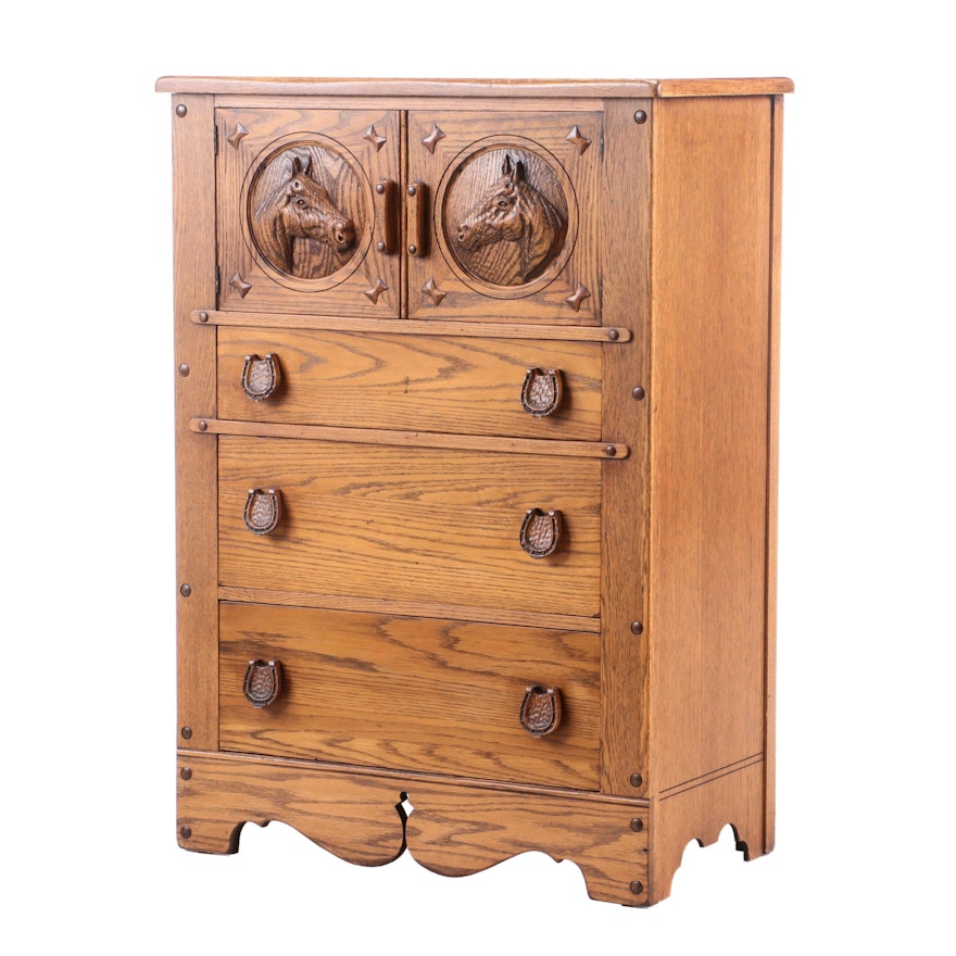 Romweber Oak Equestrian Themed Chest of Drawers, Mid to Late 20th Century