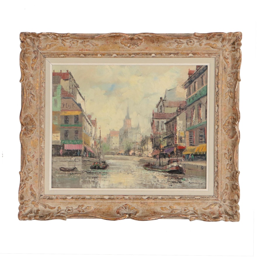 T. Dorschot European Canal Scene Oil Painting, Mid 20th Century