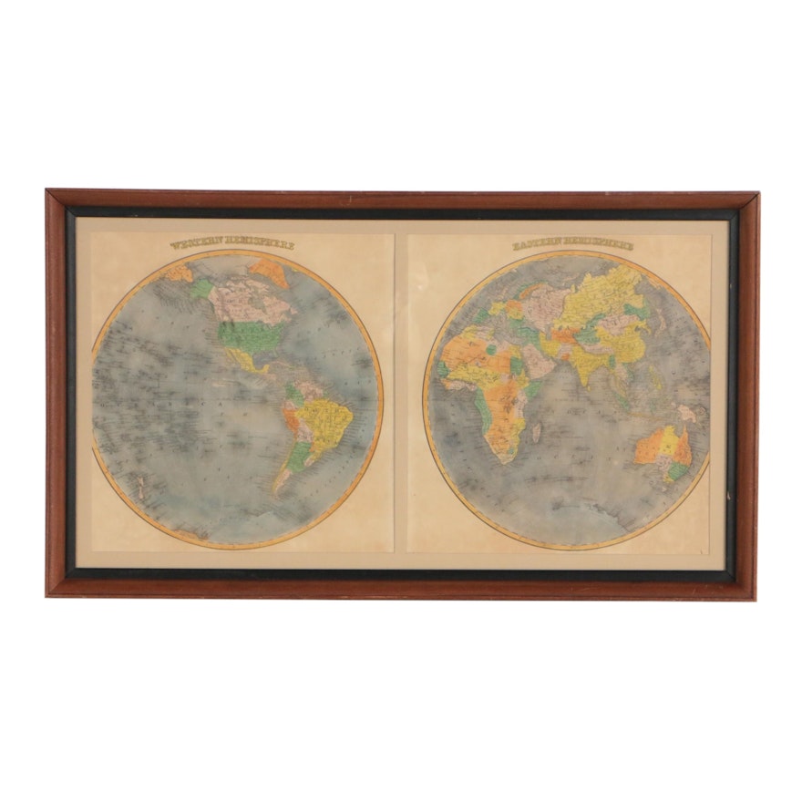 Hand-Colored World Map Engraving "Western Hemisphere / Eastern Hemisphere"