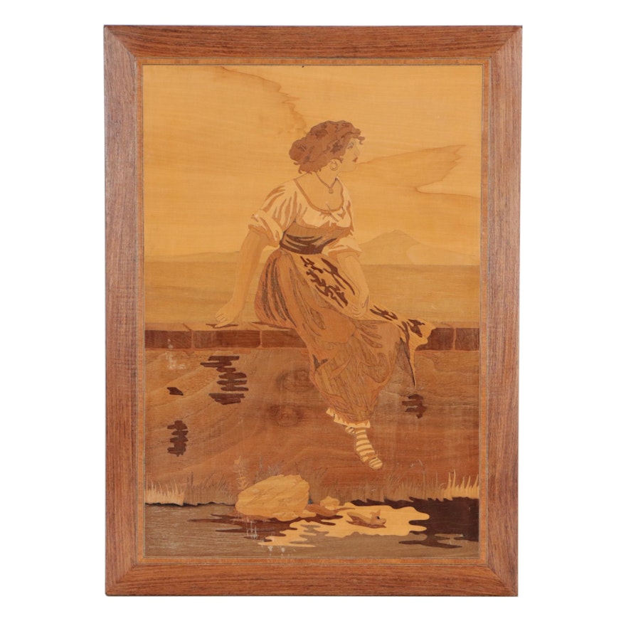 Inlaid Wood Marquetry Panel of Seated Woman