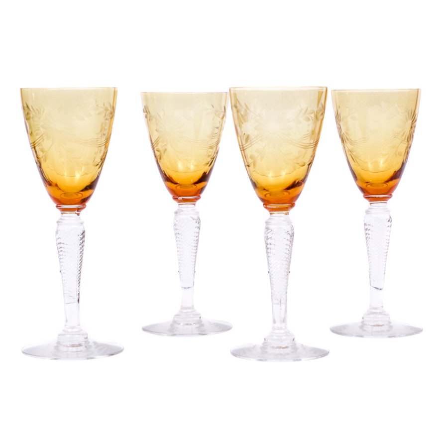 Amber Cut Crystal Cordial Glasses with Air Twist Stems, Early 20th Century