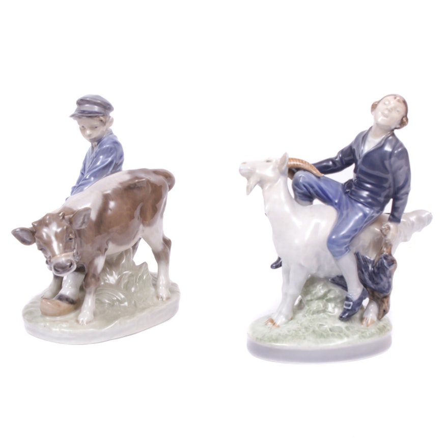 Royal Copenhagen Porcelain Figurines "Boy with Calf" and "Boy on Goat"