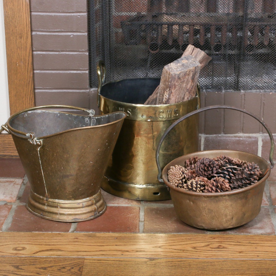 Brass Scuttle Buckets and Firewood Bucket, Mid-20th Century