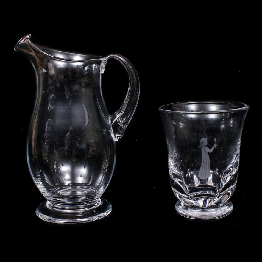 Orrefors Etched Glass Pitcher and Vase, Mid to Late 20th Century