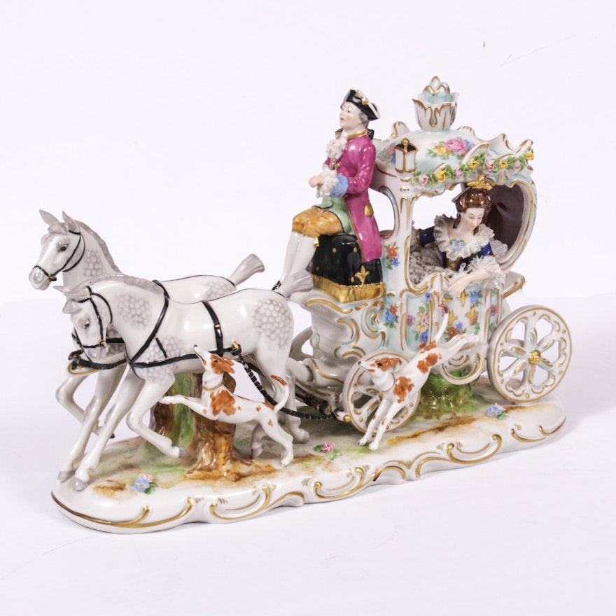 Dresden Lace Porcelain Stagecoach Figurine, 20th Century