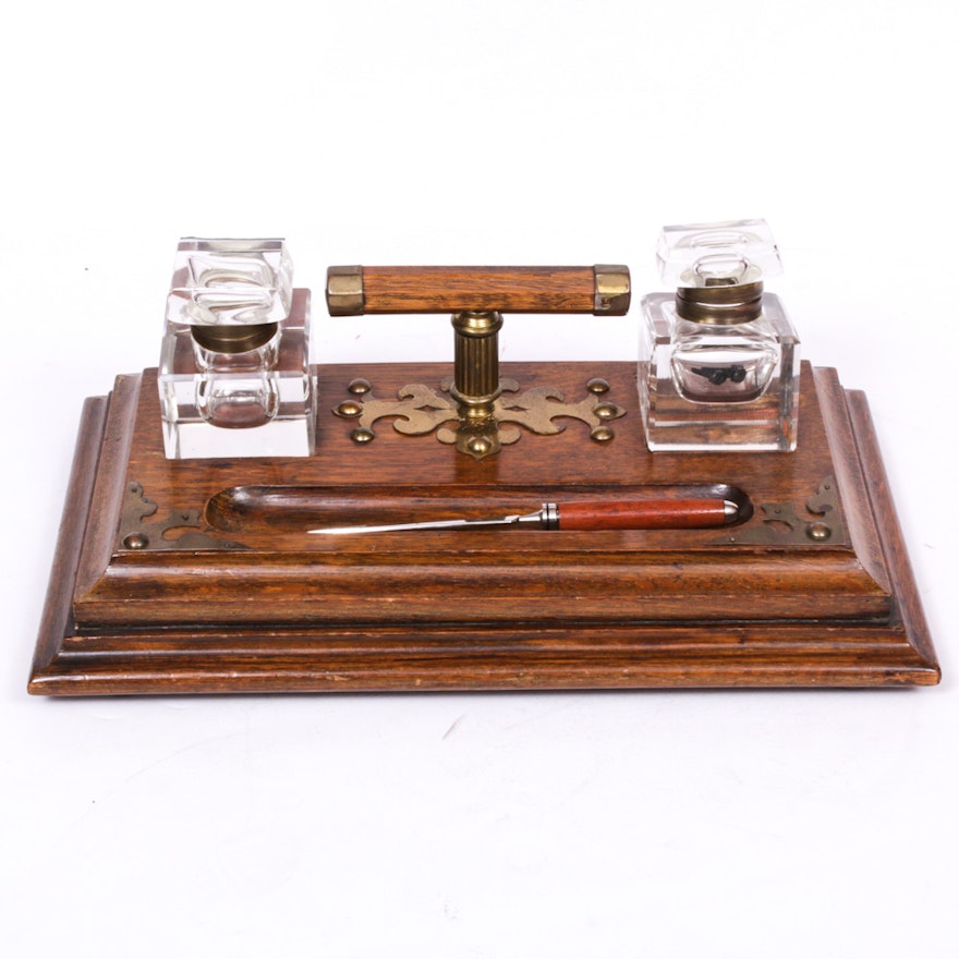Oak Writing Stand with Glass Inkwells, Late 19th Century