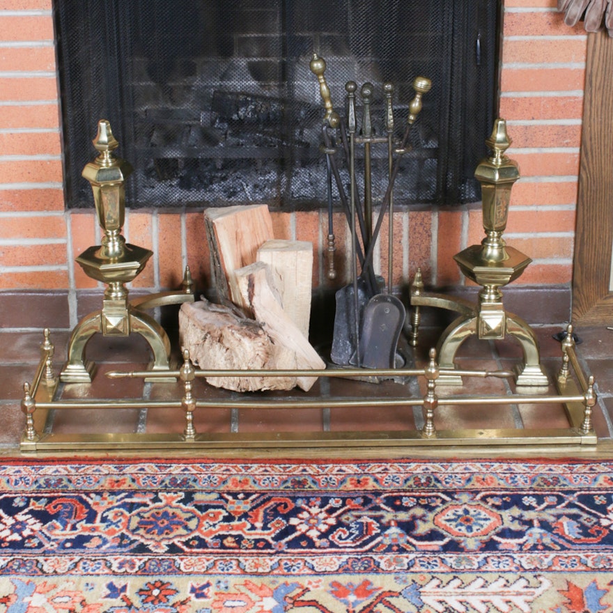 Brass Colonial Fireplace Fence and Andirons, Early to Mid 20th Century