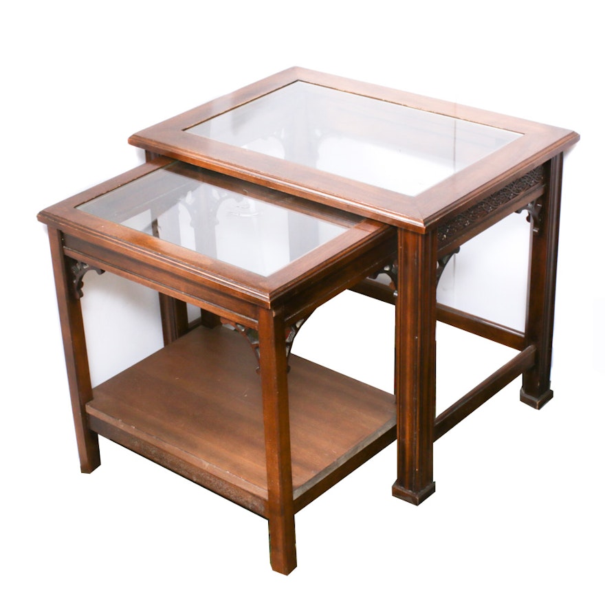 Chippendale Style Nesting Tables with Glass Inlay, Mid-20th Century