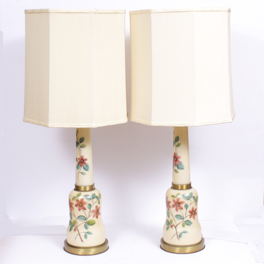 Hand Painted Floral Porcelain Table Lamps, Mid to Late 20th Century