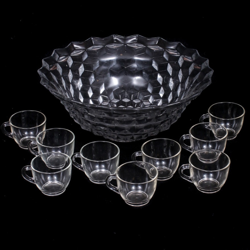 Fostoria "American" Glass Punch Bowl and Cups, Early to Mid 20th Century